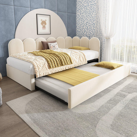 Beige Velvet L-Shaped Twin Daybed With Pull-Out Trundle - Omega Lifestyles