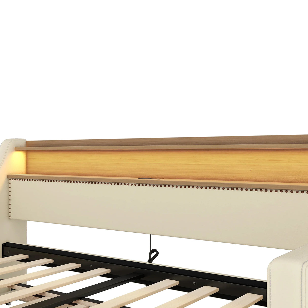 Twin PU Leather Daybed With Trundle Charging Station LED Light - Omega Lifestyles