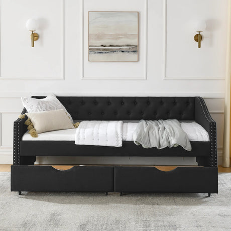 Twin Upholstered Tufted Linen Daybed With Drawers - Omega Lifestyles