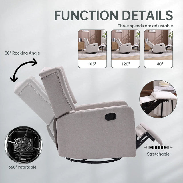 Multi-Functional Linen Recliner Chair With Rocking Swivel - Omega Lifestyles
