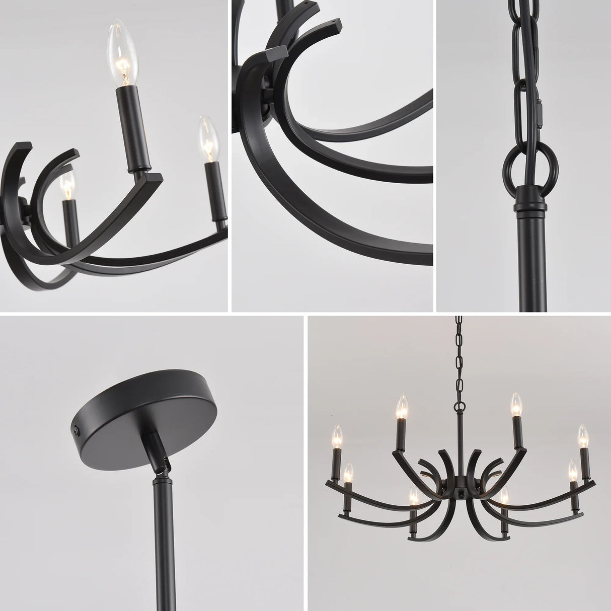 8-Light Matte Black Metal Farmhouse Chandelier Adjustable Height - Omega Lifestyles