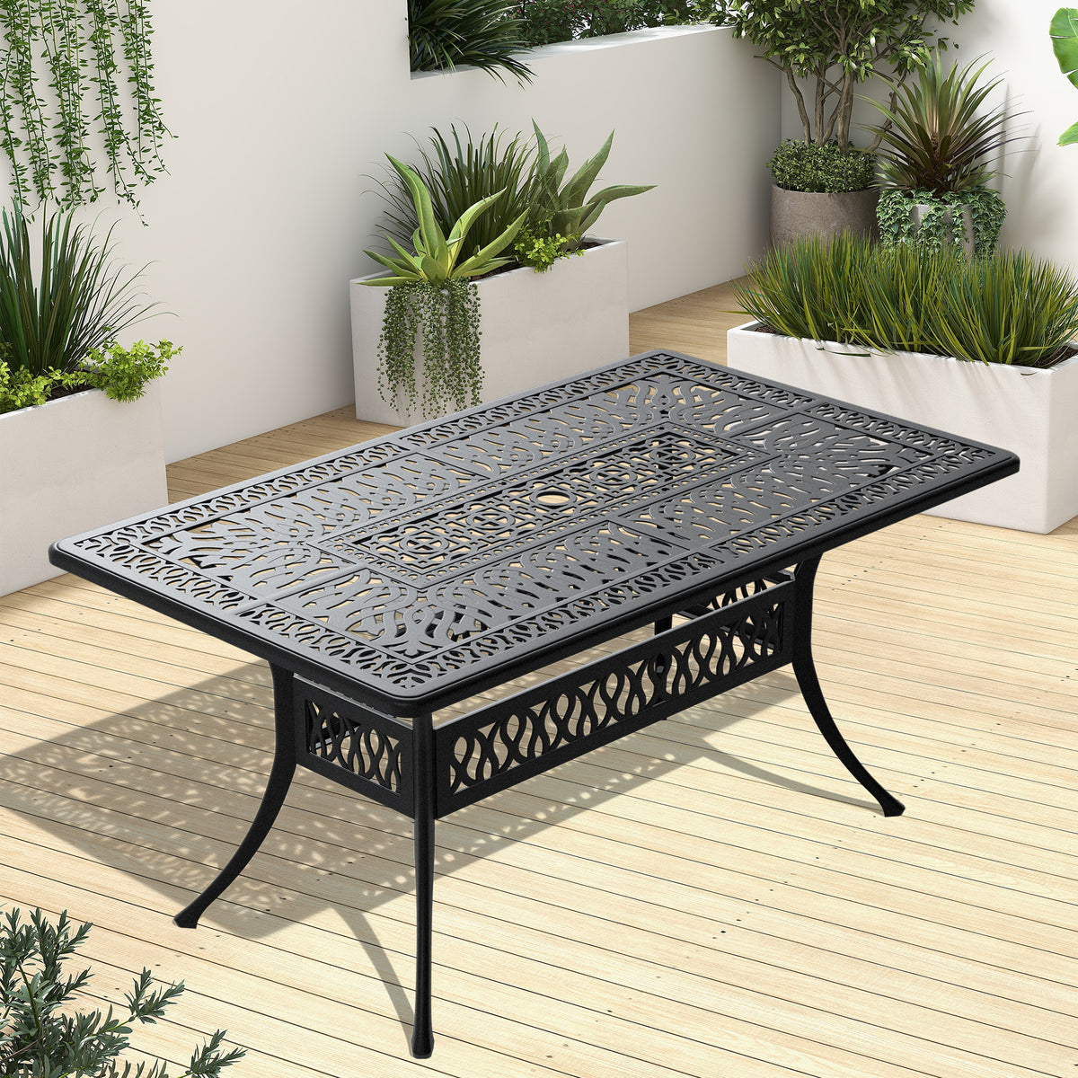 Black Aluminum Outdoor Patio Dining Table With Umbrella Hole