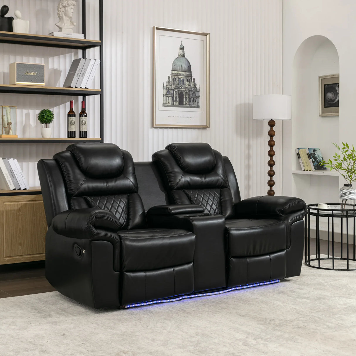 Manual Recliner Chair Faux Leather With Storage Cup Holders LED - Omega Lifestyles