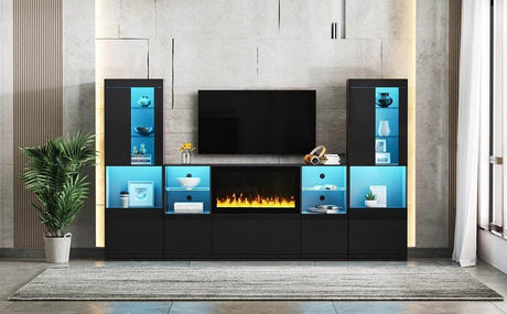 Modern Black LED Fireplace TV Stand with Shelves - Omega Lifestyles