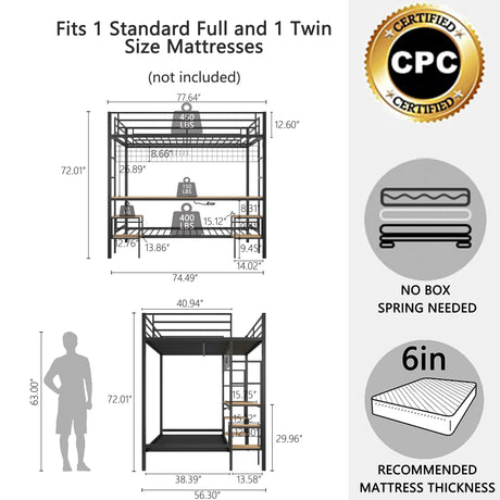 Full Over Twin Metal Bunk Bed With Desk Charging Station - Omega Lifestyles