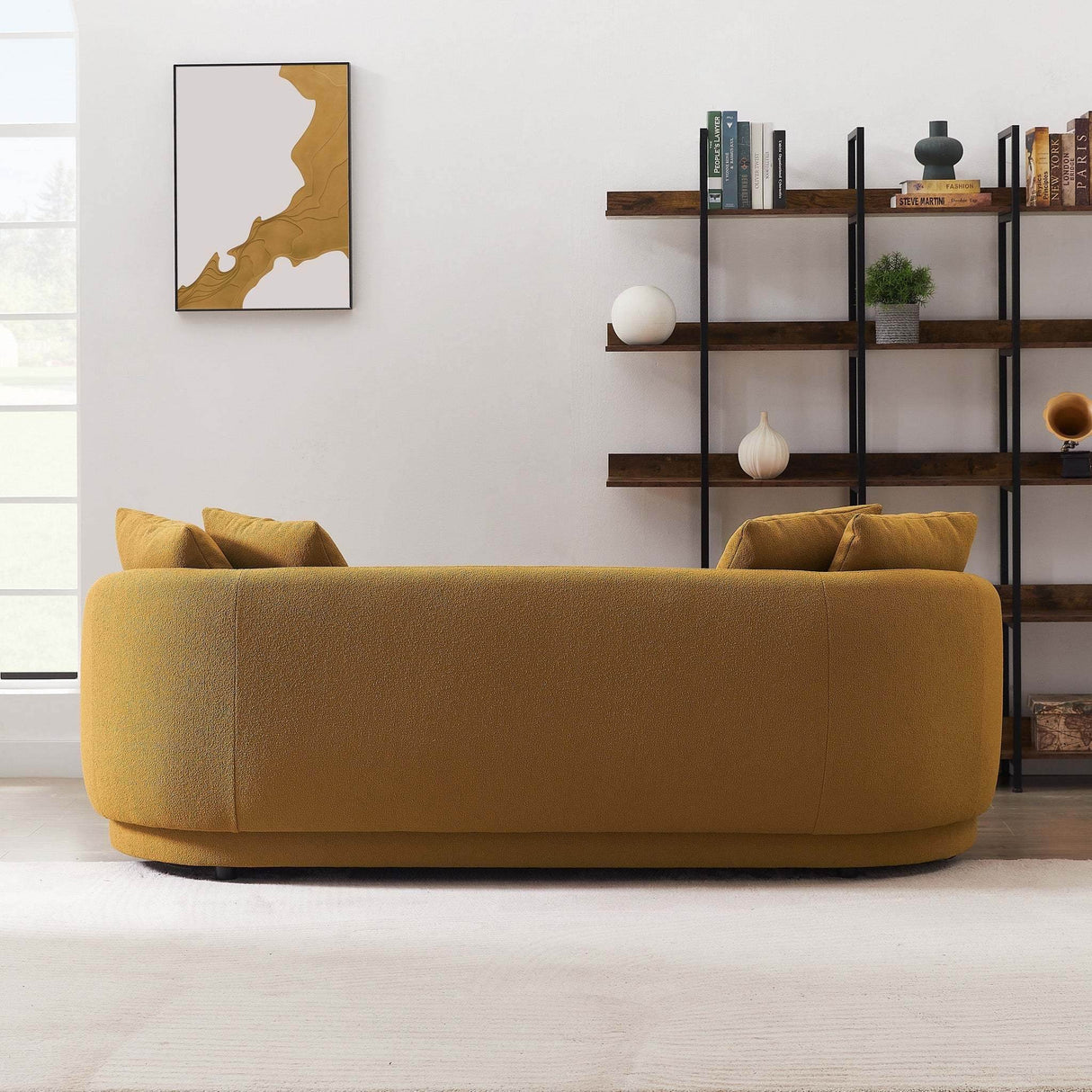 Mid-Century Modern Dark Yellow Boucle Sofa - Omega Lifestyles