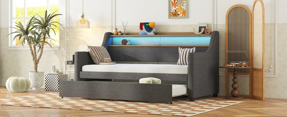 Twin Linen Upholstered Daybed With Trundle Charging Station - Omega Lifestyles