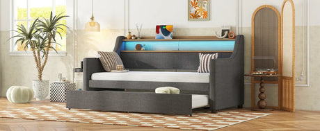 Twin Linen Upholstered Daybed With Trundle Charging Station - Omega Lifestyles