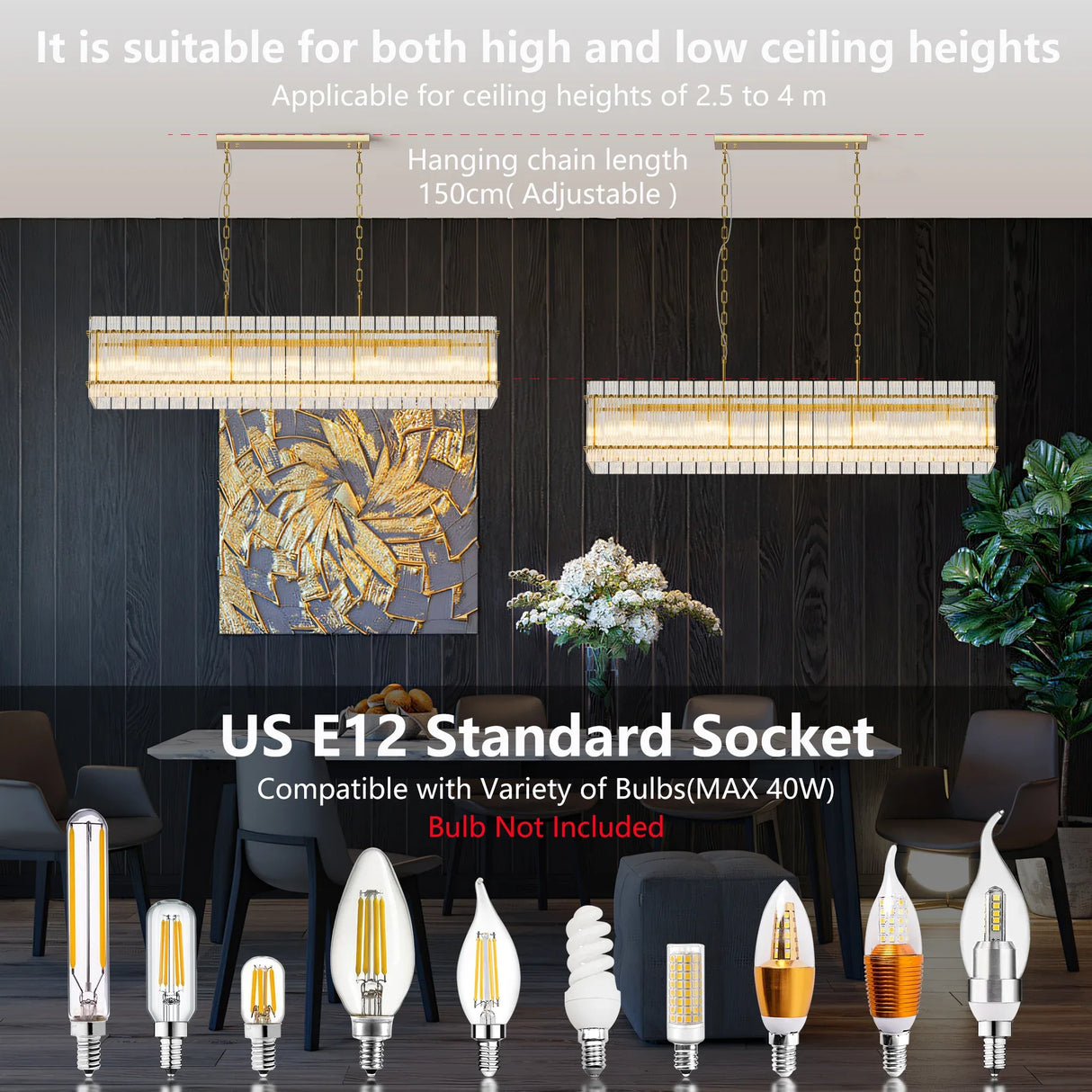 Modern Rectangular Crystal Glass 10-Light Gold Chandelier - Omega Lifestyles