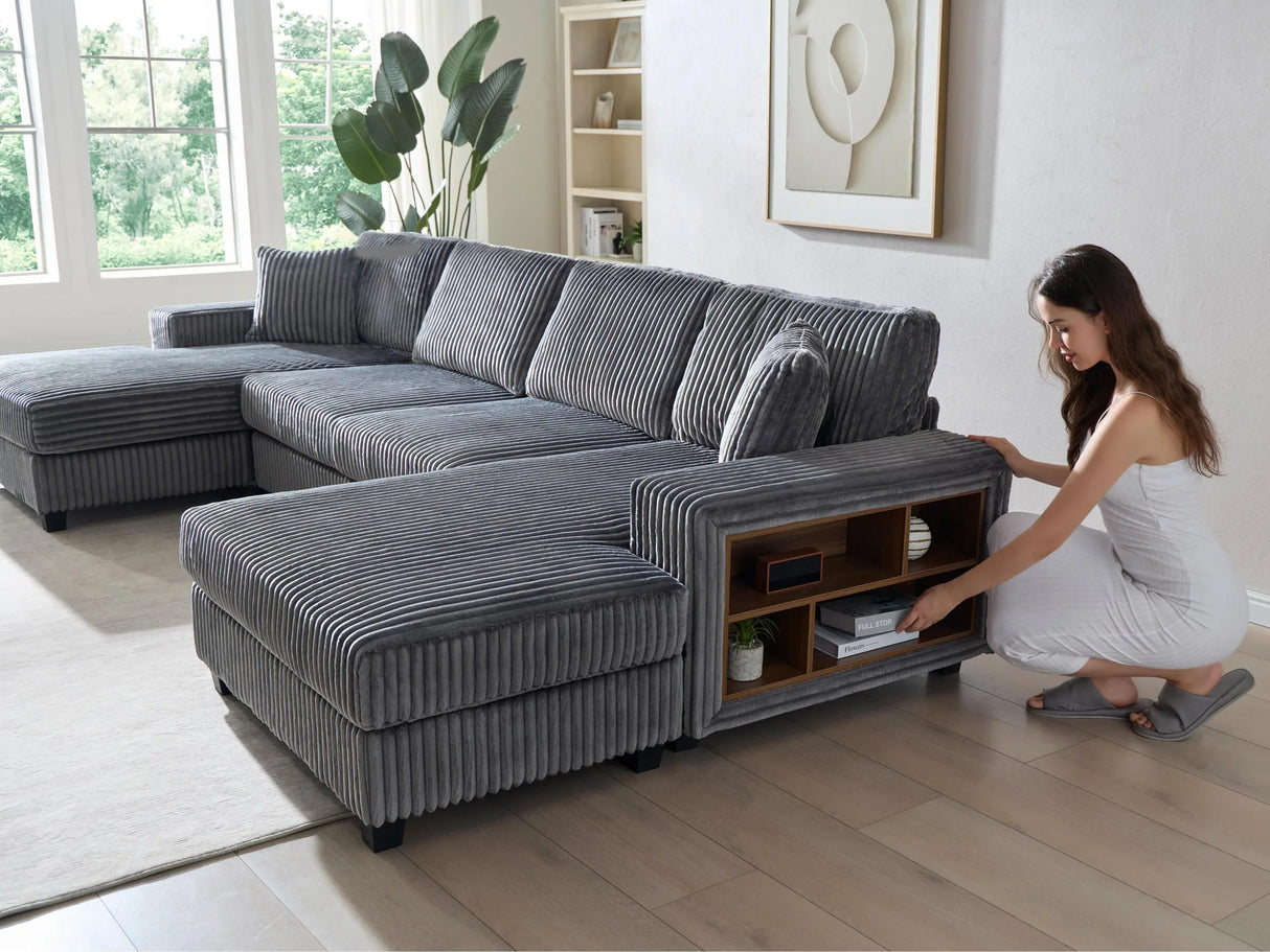 Modern Convertible U-Shaped Corduroy Fabric Sofa - Omega Lifestyles