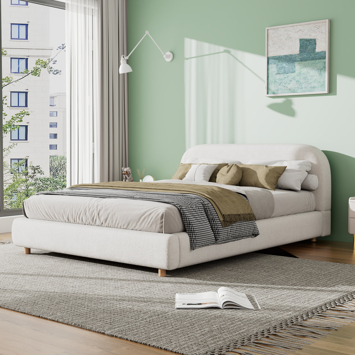 Queen Upholstered Boucle Fabric Platform Bed Frame