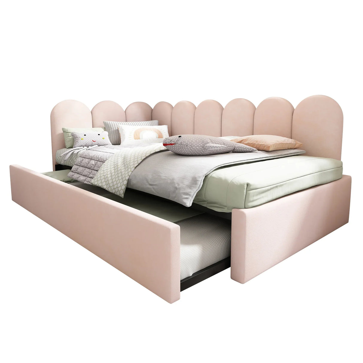 Pink Velvet Twin Daybed With Pull-Out Trundle Bed - Omega Lifestyles