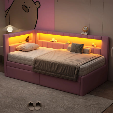 Twin Pink Upholstered Platform Bed Frame With USB Ports And LED - Omega Lifestyles
