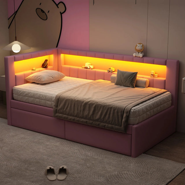 Twin Pink Upholstered Platform Bed Frame With USB Ports And LED - Omega Lifestyles