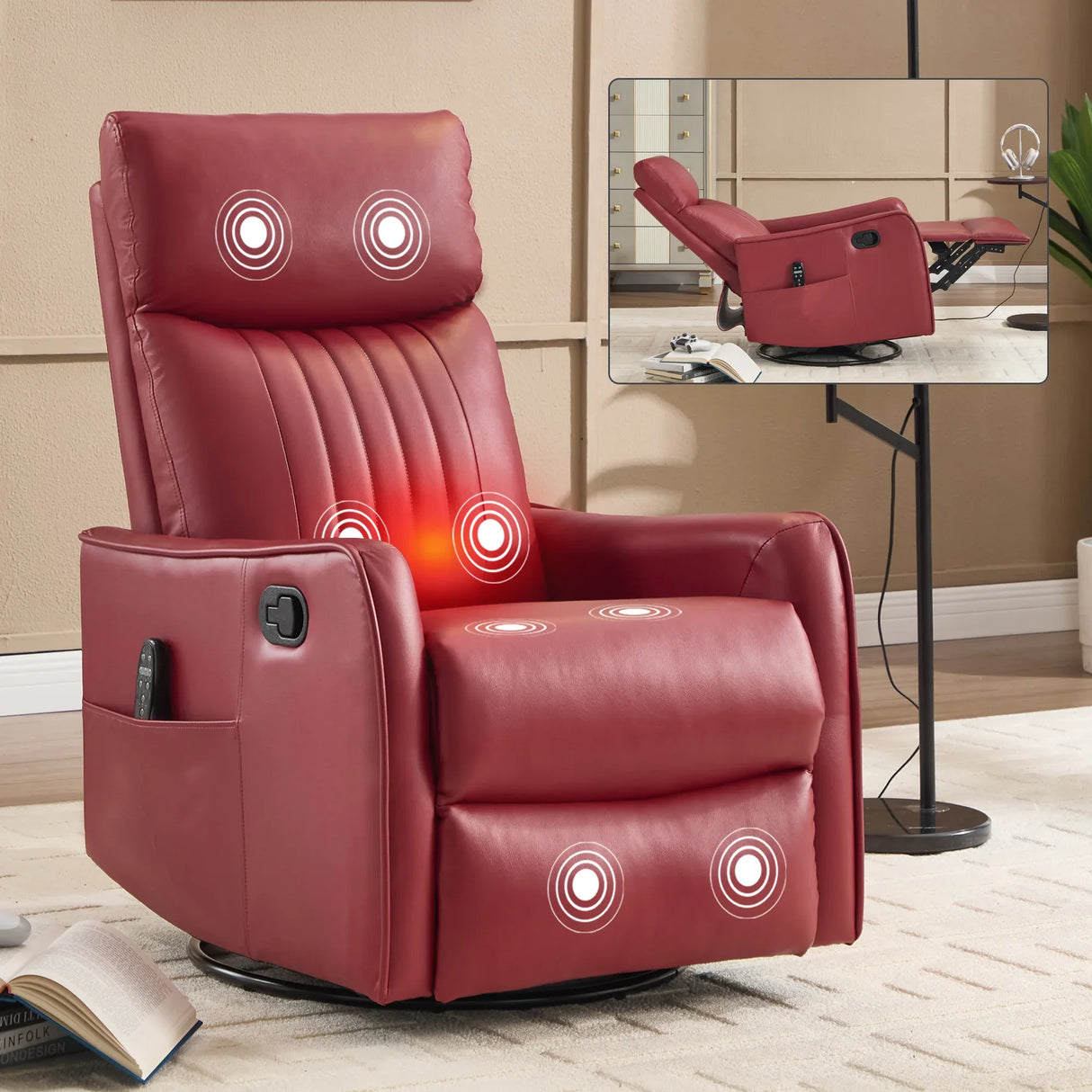 Red Faux Leather Medium-Firm Heat Massage Recliner Chair - Omega Lifestyles