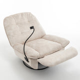 Modern Ivory Velvet Swivel Gliding Recliner Chair With Phone Holder - Omega Lifestyles