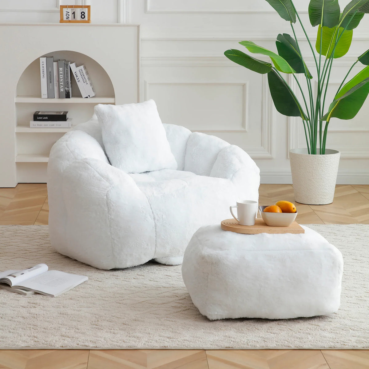 Shell-Shaped Faux Fur Foam Filled Bean Bag Chair With Footstool - Omega Lifestyles