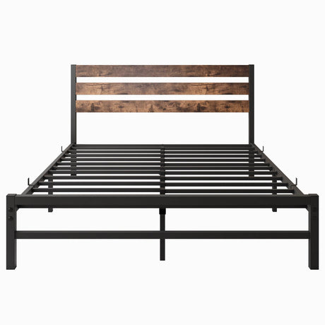 Queen Platform Bed Frame With Rustic Wood Headboard - Omega Lifestyles