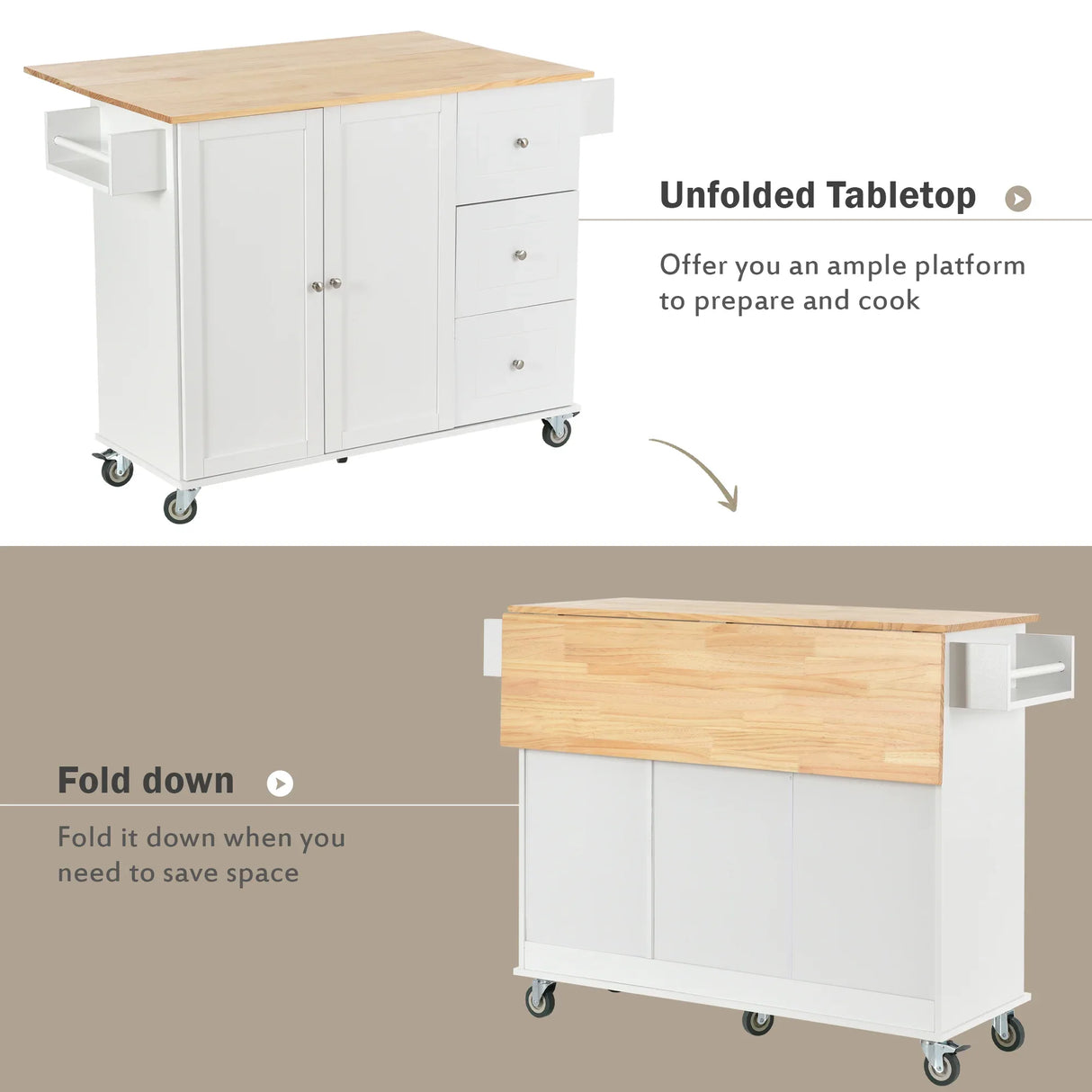 Rolling Mobile Kitchen Island With Solid Wood Top And Storage Cabinet - Omega Lifestyles