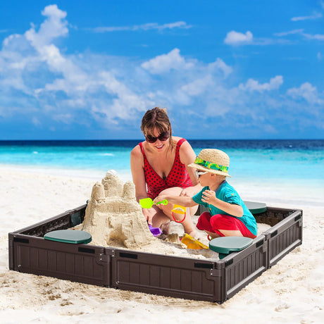 Kids Outdoor HDPE Sandbox With Cover And Seats - Omega Lifestyles