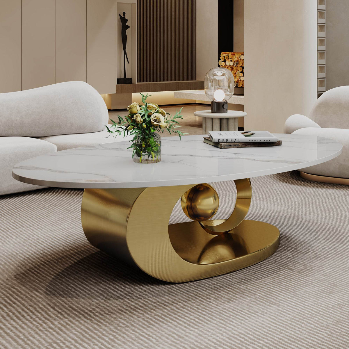 Faux Marble Oval Coffee Table With Sculptural Base