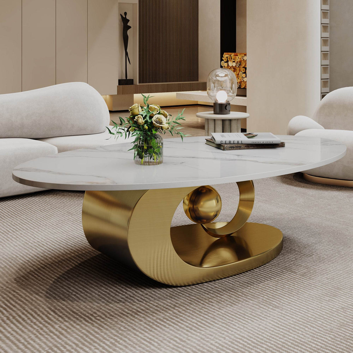 Faux Marble Oval Coffee Table With Sculptural Base