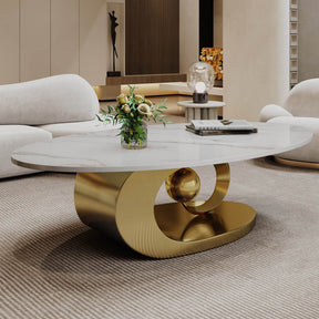 Faux Marble Oval Coffee Table With Sculptural Base - Omega Lifestyles