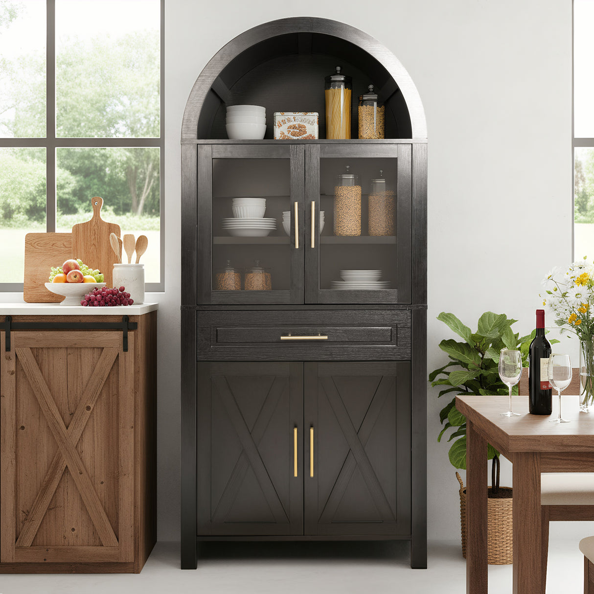 Farmhouse Arched Glass Door Kitchen Pantry Cabinet