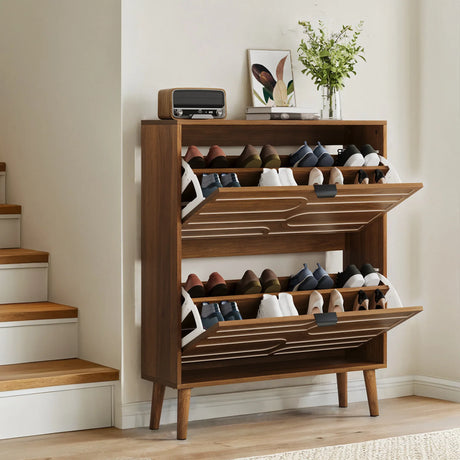 Farmhouse Walnut MDF Shoe Cabinet With Flip Drawers - Omega Lifestyles