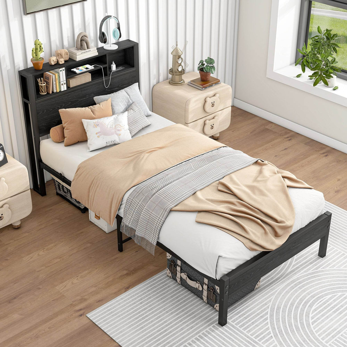 Twin Metal Platform Bed Frame With Storage Headboard Charging Station - Omega Lifestyles