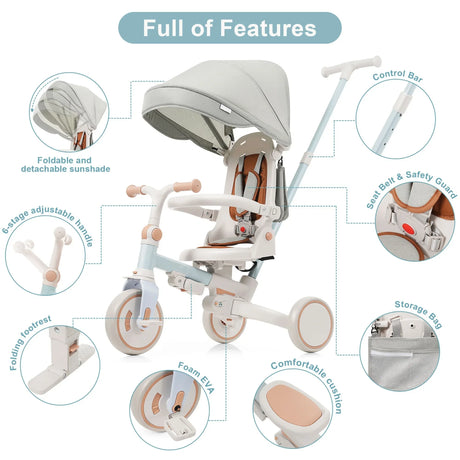 7-in-1 Multifunctional Foldable Baby Tricycle With Canopy - Omega Lifestyles