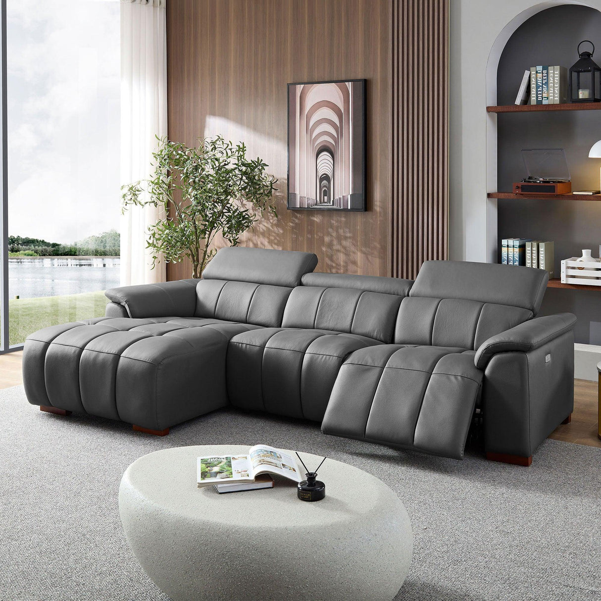 Electric Reclining Genuine Leather L-Shaped Chaise Sofa - Omega Lifestyles