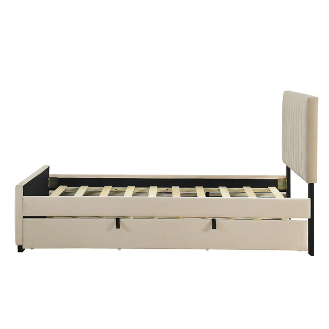 Twin Velvet Upholstered Platform Bed With Trundle - Omega Lifestyles