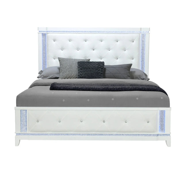 King Contemporary White Tufted Panel Bed Frame With LED Lights - Omega Lifestyles
