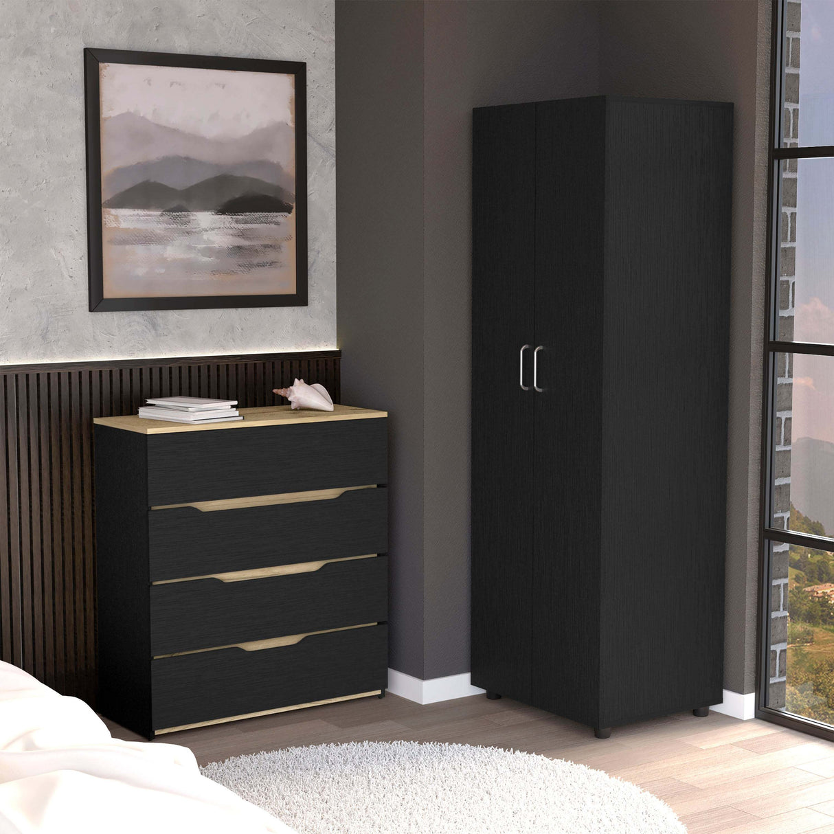 2-Piece Full Bedroom Set Black Particle Board Furniture