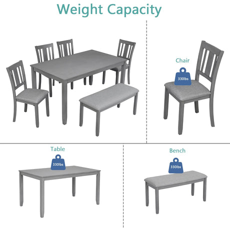 6-Piece Gray Acacia Wood Dining Table Set With Bench - Omega Lifestyles