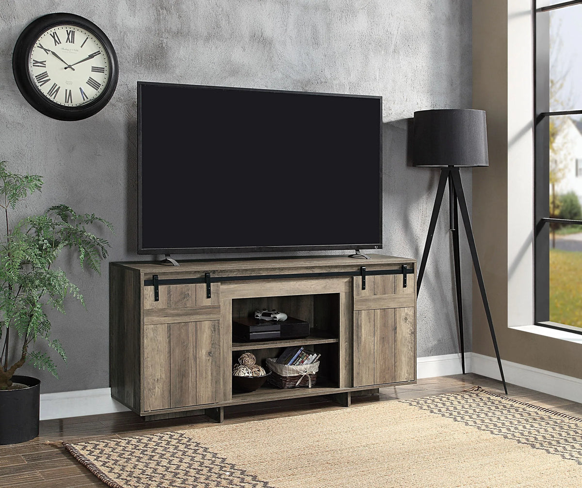 Gray Washed Synthetic Wood Barn Door TV Stand - Omega Lifestyles