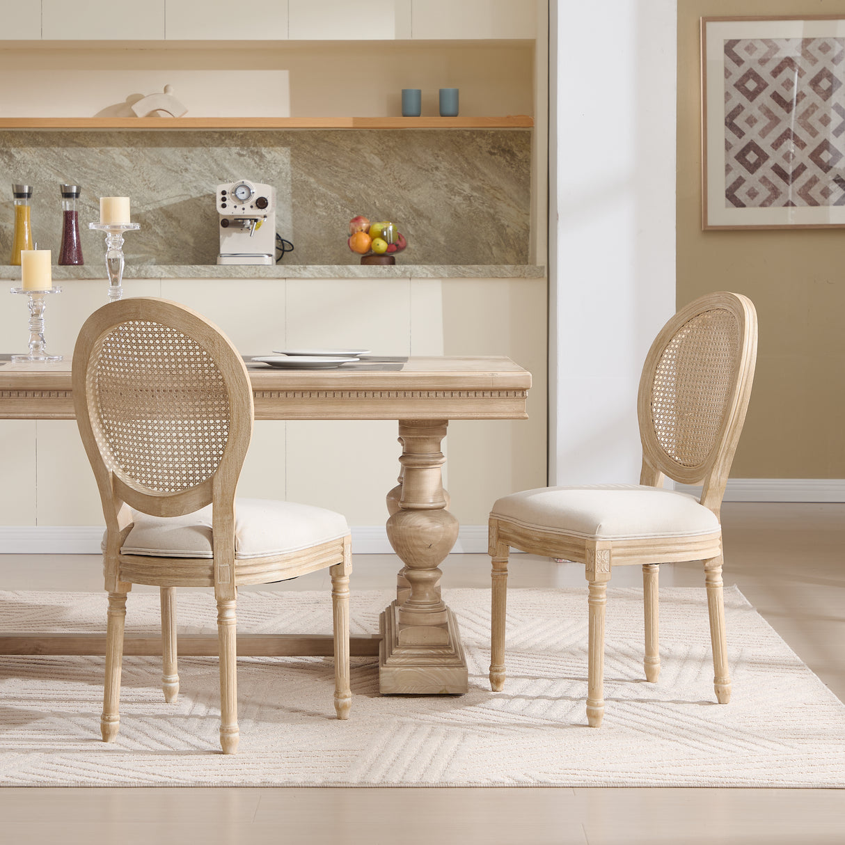 French Country Dining Chairs Set Of 2 With Rattan Backrest