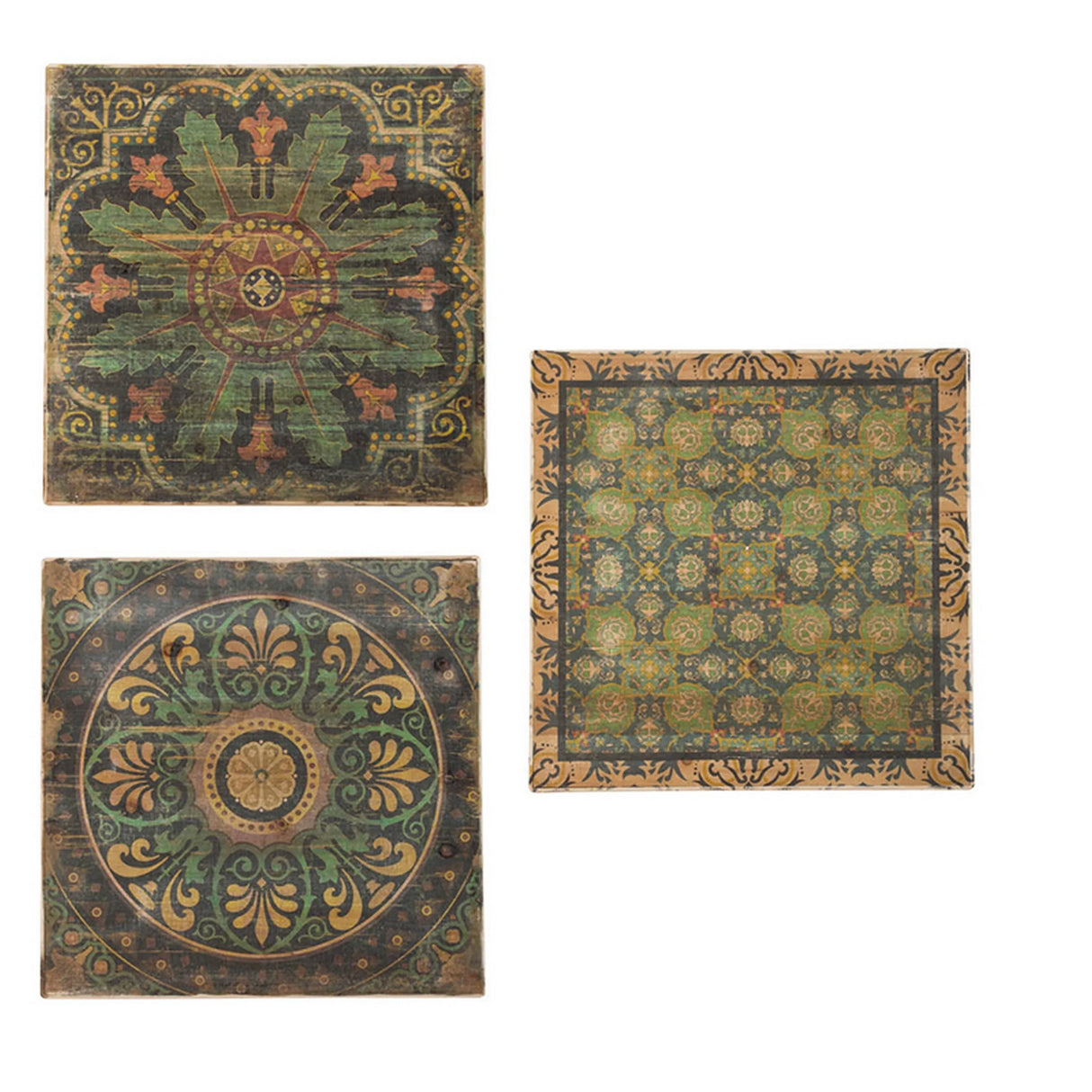 Set of 3 Square Vintage Brown Green MDF Wall Art - Omega Lifestyles