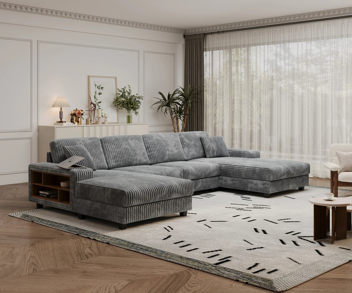 Modern Convertible U-Shaped Corduroy Fabric Sofa - Omega Lifestyles