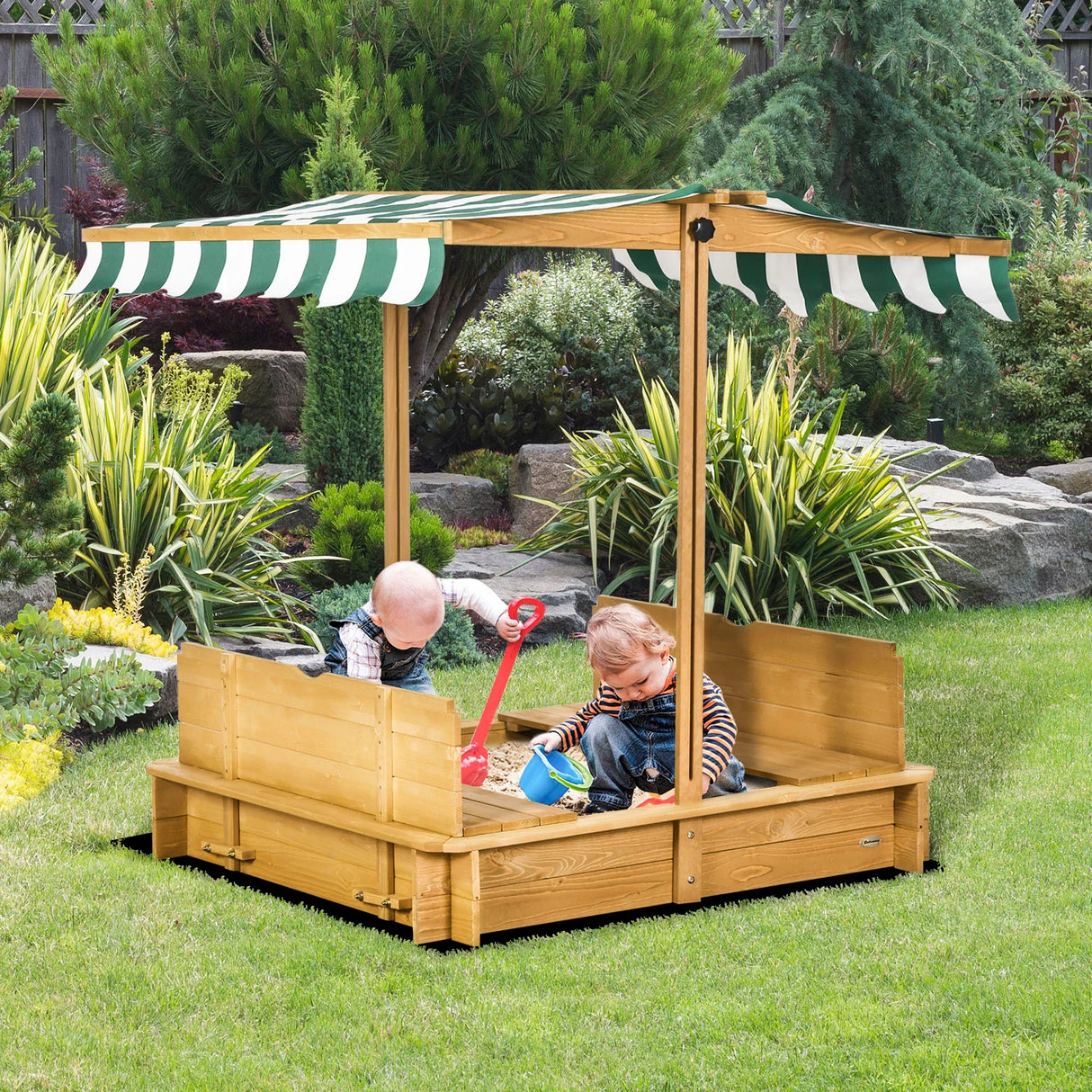 Children’s Outdoor Wooden Sandbox With Adjustable Canopy - Omega Lifestyles