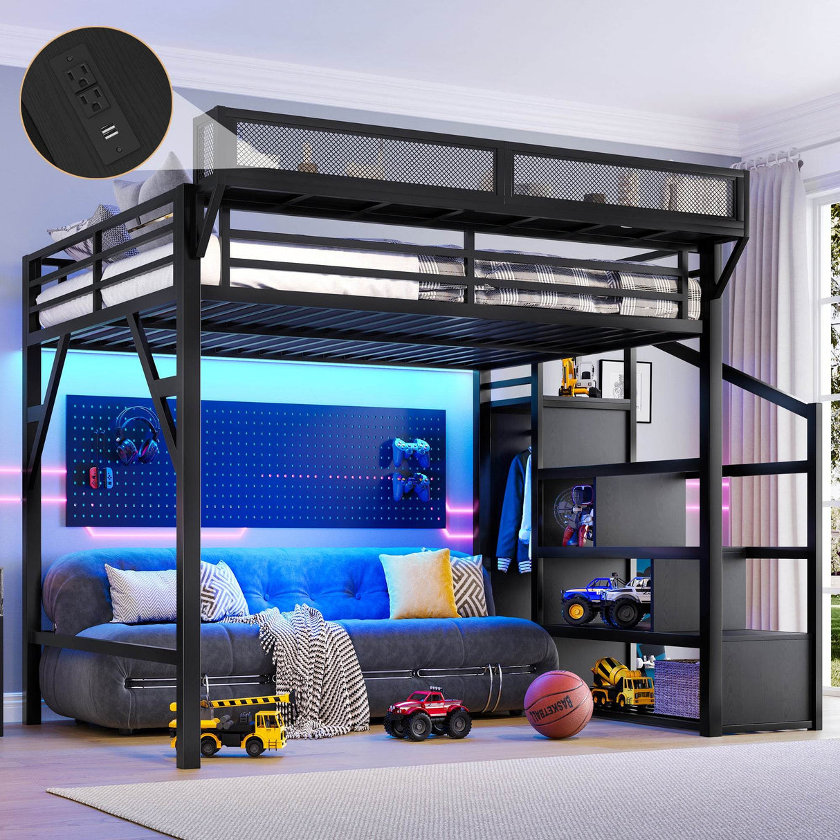 Queen Metal Loft Bed With Storage Stairs USB LED Lighting - Omega Lifestyles