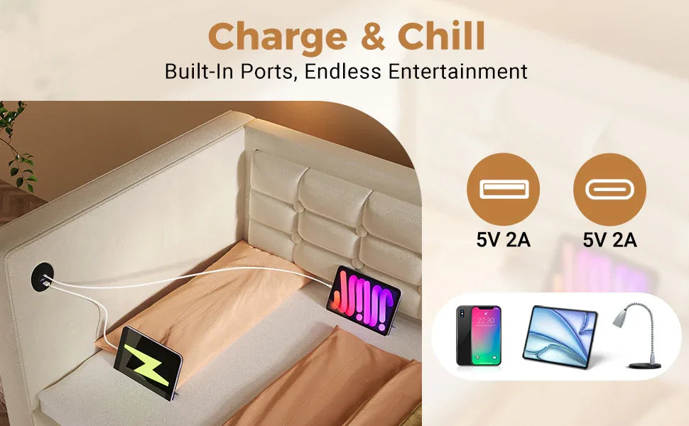 Twin Beige Velvet Upholstered Hydraulic Storage Bed Frame - Omega Lifestyles