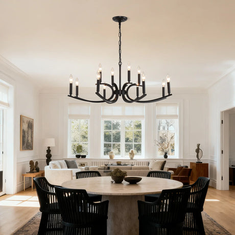 12-Light Matte Black Farmhouse Metal Chandelier Adjustable Height - Omega Lifestyles