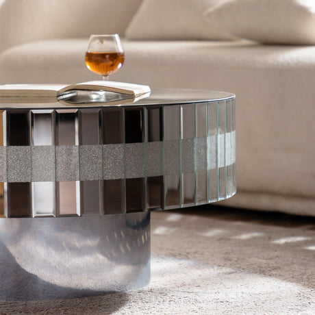 Round Mirrored Crystal Edge Silver Coffee Table - Omega Lifestyles