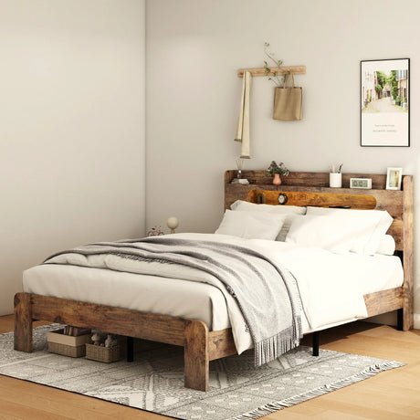 Full Wood Platform Bed Frame With Storage USB - Omega Lifestyles