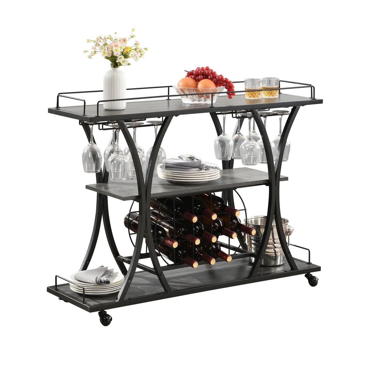 Industrial Style Mobile Iron 3-Tier Bar Cart With Casters - Omega Lifestyles