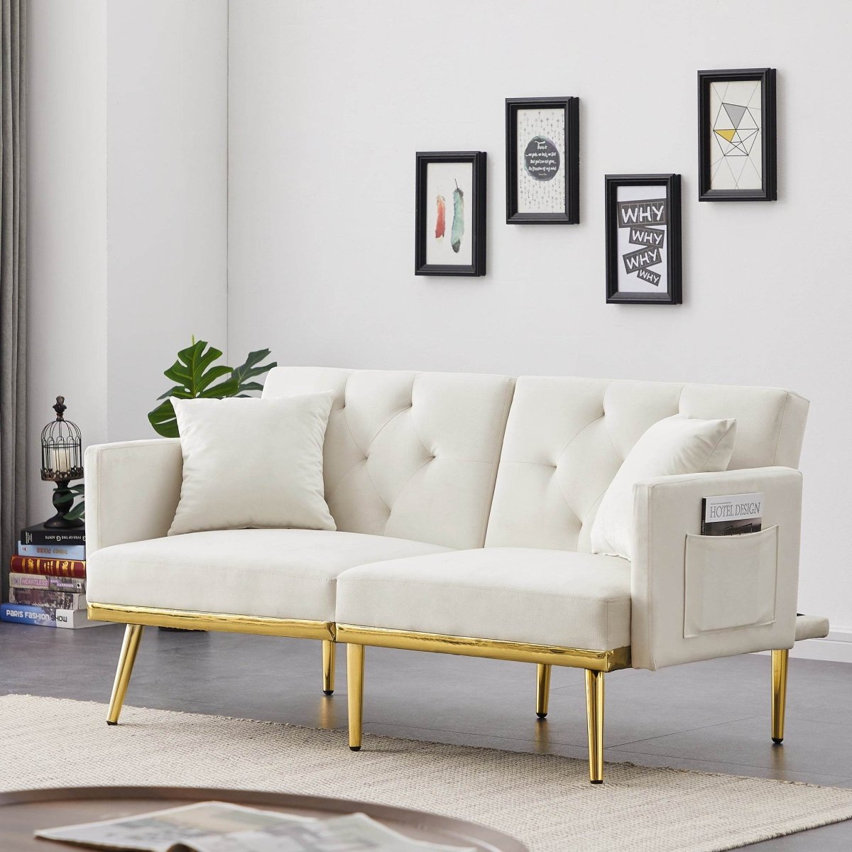 Cream White Velvet Convertible Sofa Bed - Omega Lifestyles
