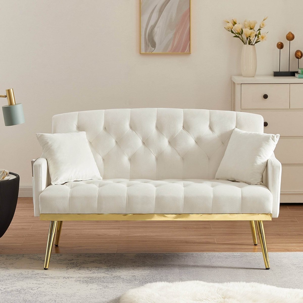 Cream White Velvet Tufted Sofa - Omega Lifestyles