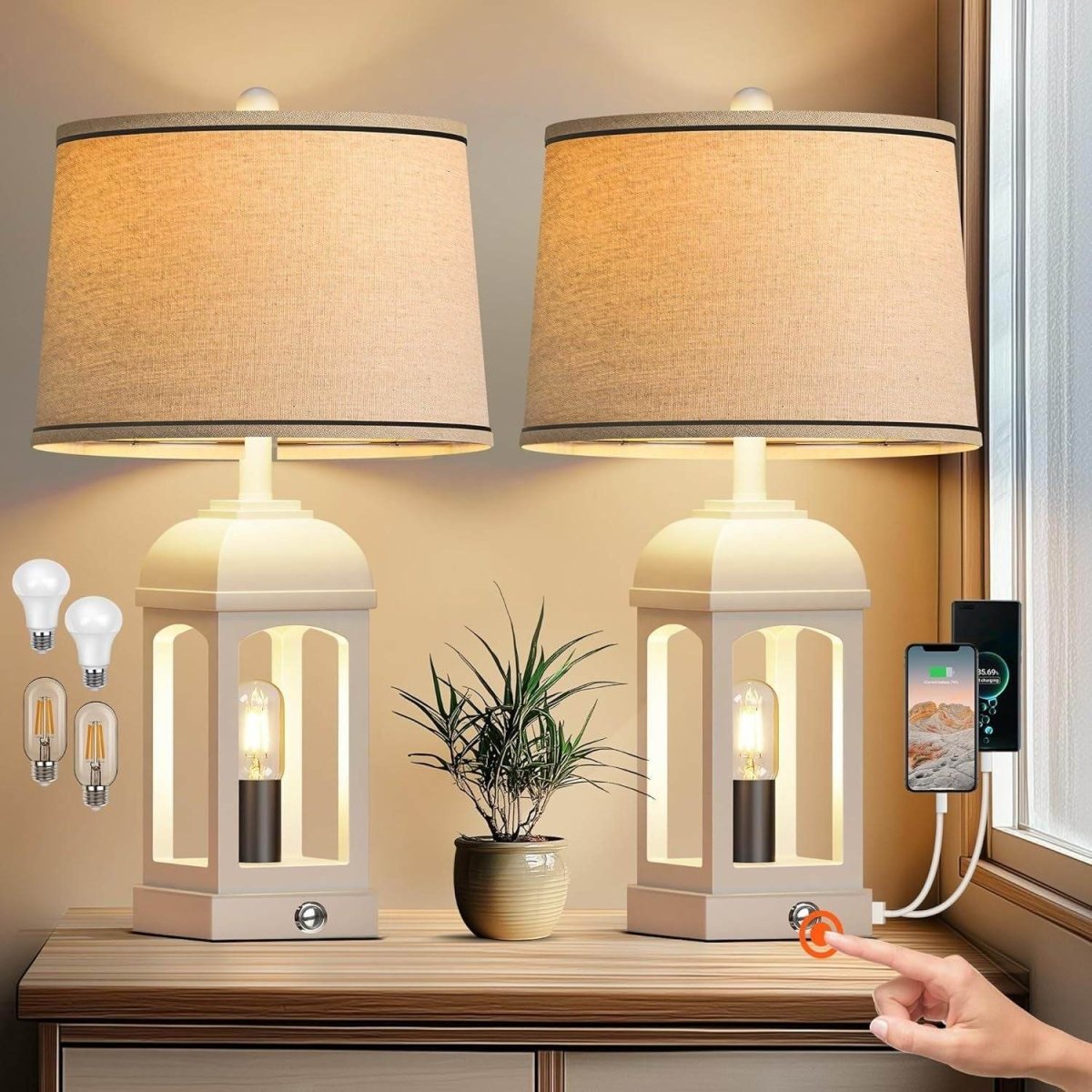 Farmhouse Rustic Set Of 2 USB Table Lamps With Nightlight - Sleep Galleria